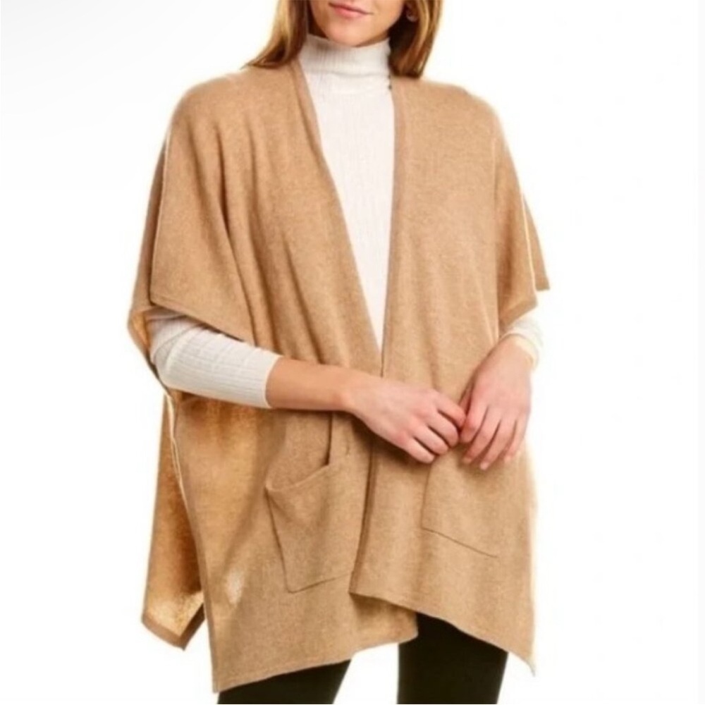 PHENIX Camel Cashmere Jersey Cape Short Sleeve Cardigan with Pockets Lagenlook